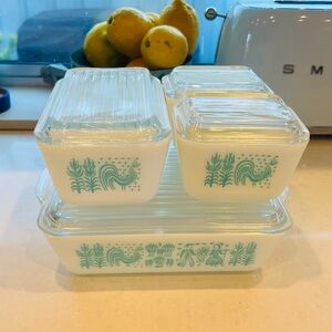 Vintage Pyrex Amish Butterprint Set of 4 Refrigerator Dishes w/ Lids Turquoise